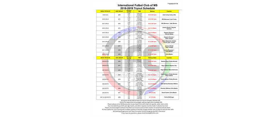 IFC 2018-2019 UPDATED Tryout Schedule